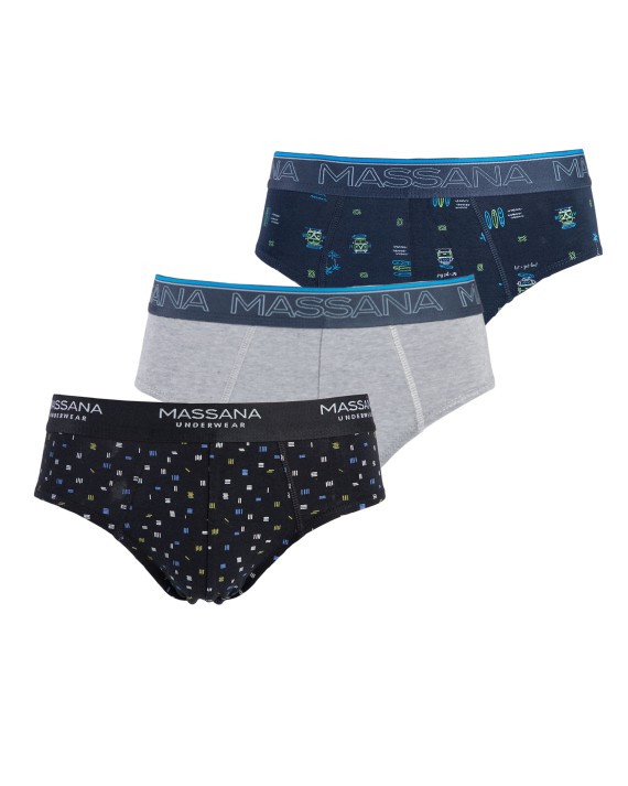 Pack de tres slips de hombre negro, gris y azul