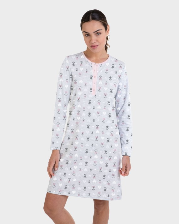 Camisón manga larga gris estampado all over