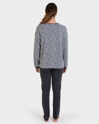 Pijama largo Jacquard animal print y pantalón liso