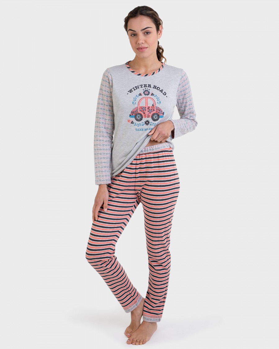 Pijama largo gris mangas a contraste