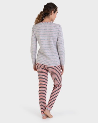 Pijama largo gris mangas a contraste