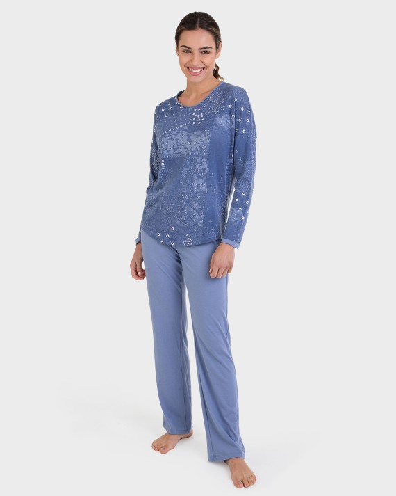 Pijama largo azul con estampado all over