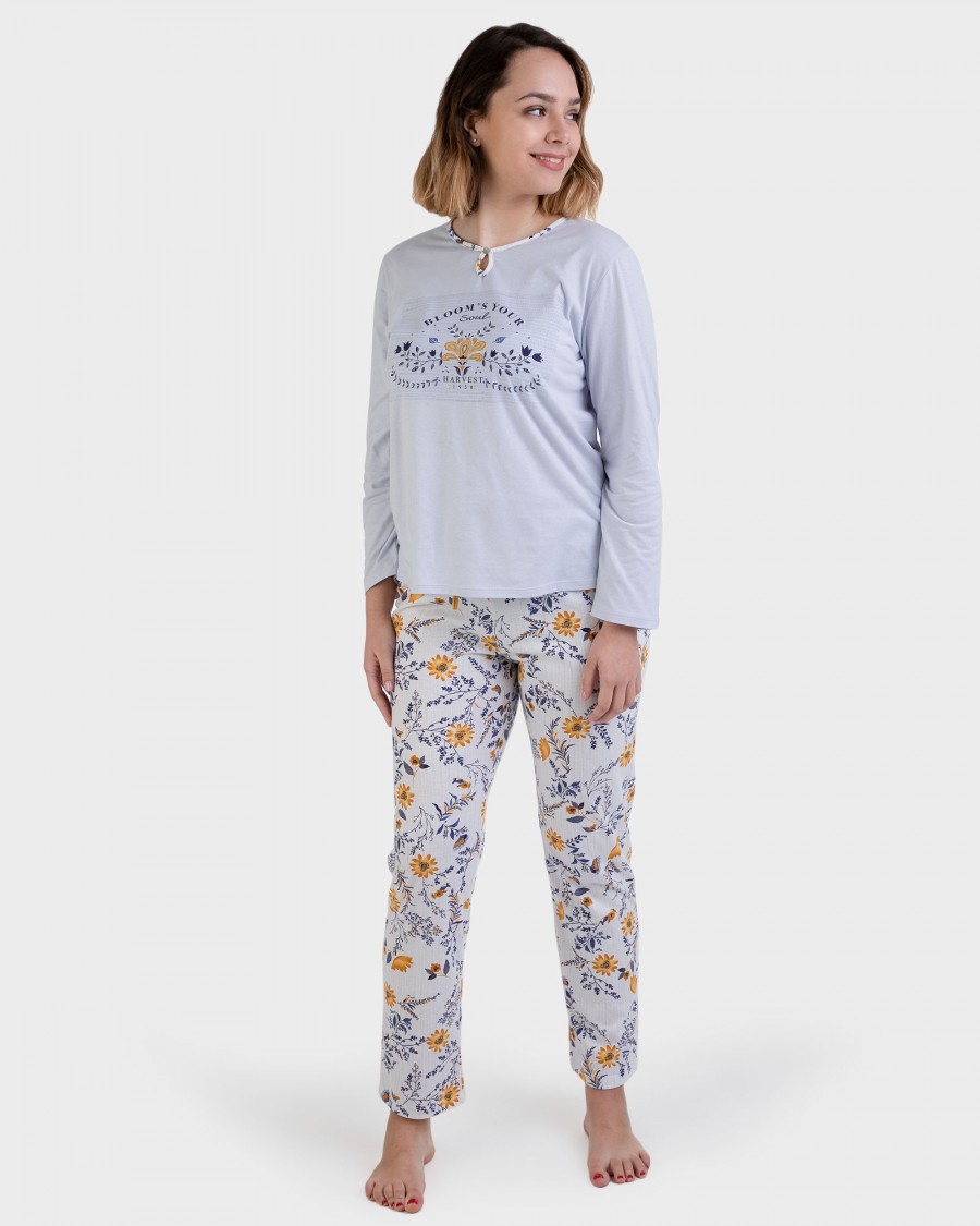 Pijama largo gris estampado floral