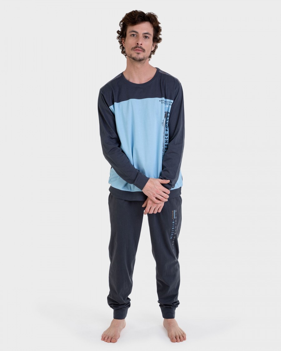 Pijama largo 100% algodón azul y gris