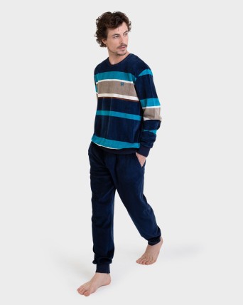 Pijama largo terciopelo listado azul