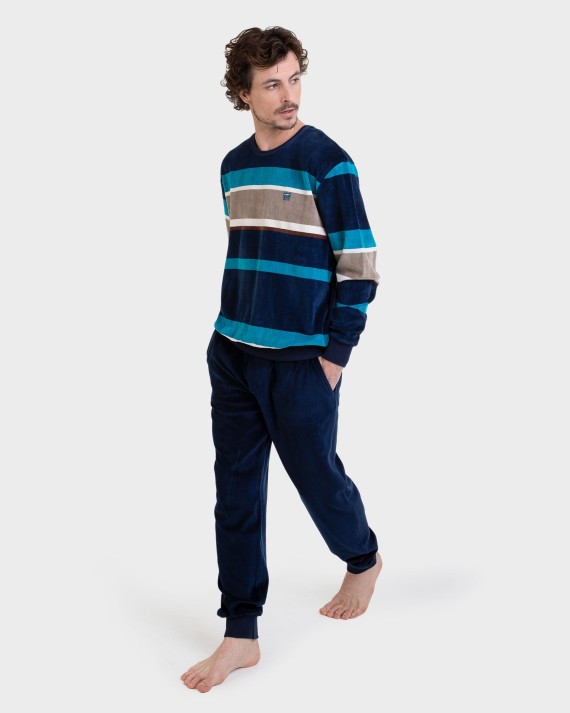 Pijama largo terciopelo listado azul