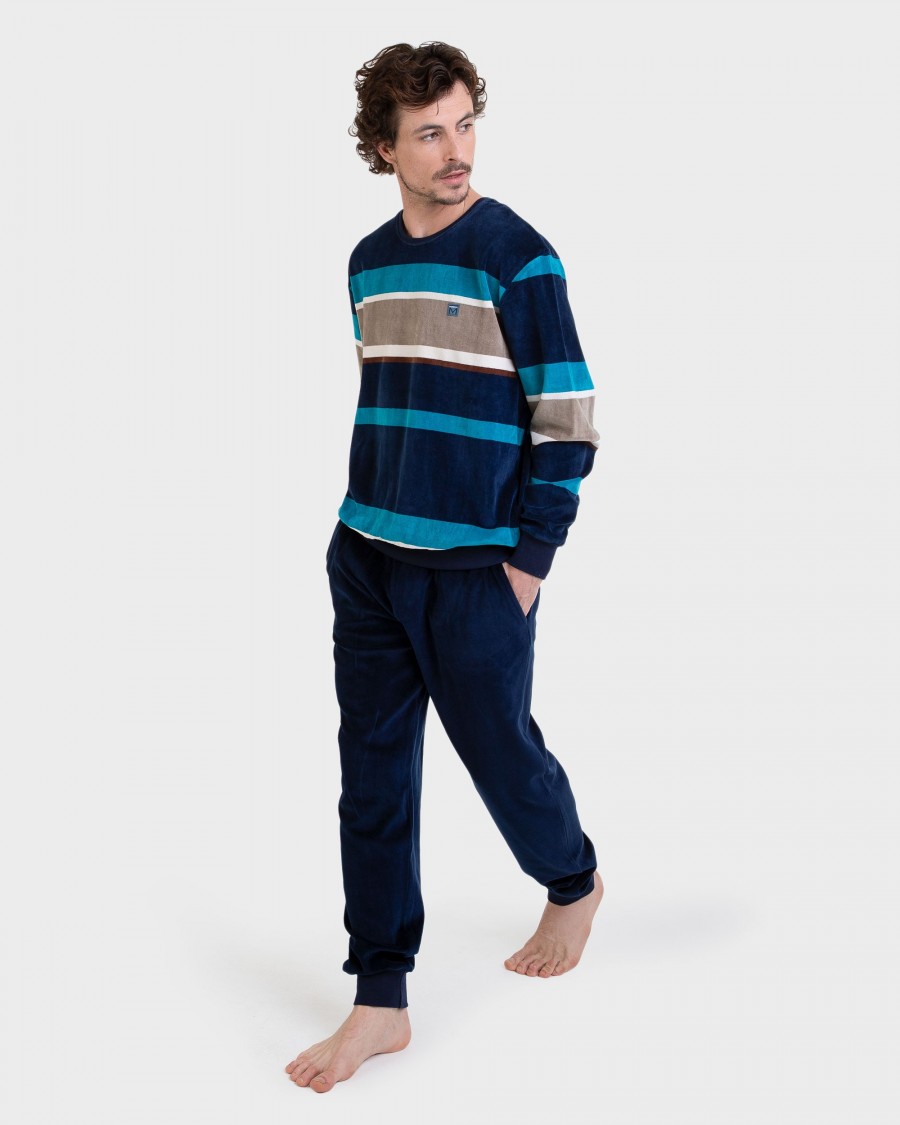 Pijama largo terciopelo listado azul