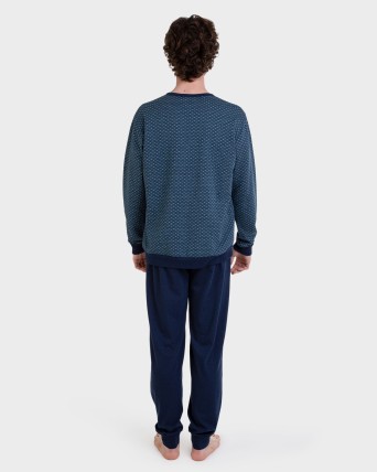 Pijama llarg blau jacquard puntets