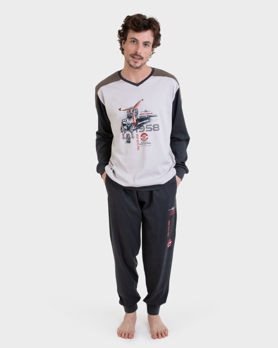 Pijama largo 100% algodón beige y mangas a contraste