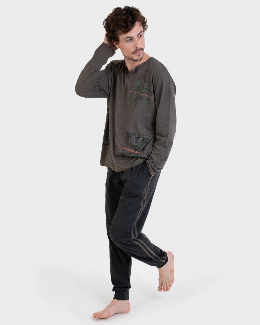 Pijama llarg 100% cotó flamé caqui