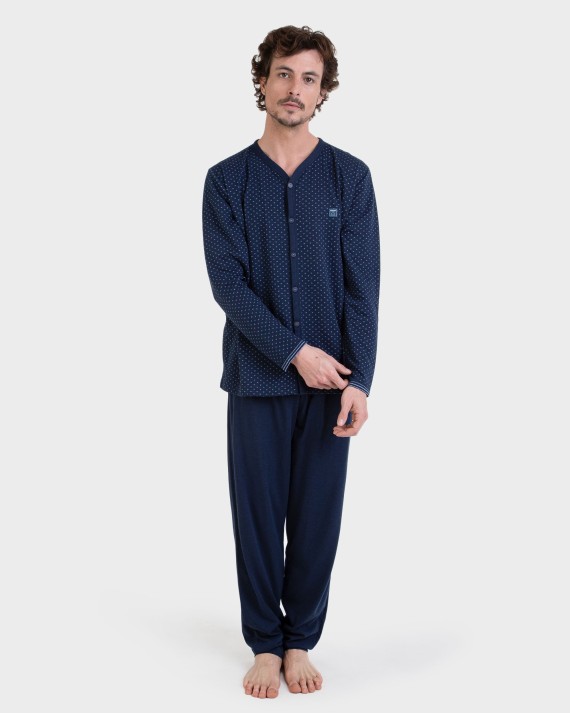 Pijama largo abierto azul Jacquard cruces