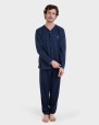 Pijama largo abierto azul Jacquard cruces