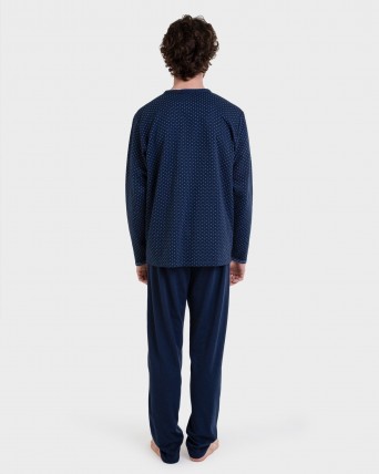 Pijama llarg obert blau jacquard encreuaments