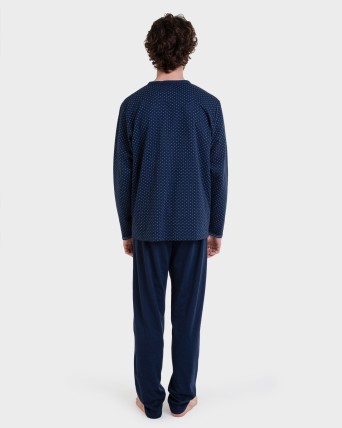 Pijama largo abierto azul Jacquard cruces