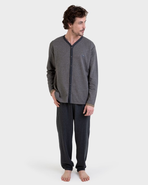 Pijama largo abierto gris Jacquard cruces