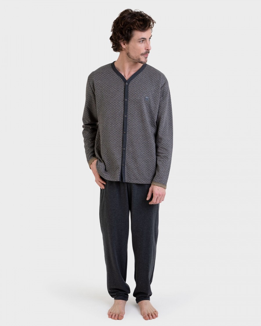 Pijama largo abierto gris Jacquard cruces