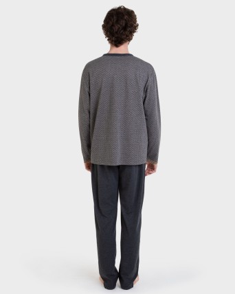 Pijama largo abierto gris Jacquard cruces
