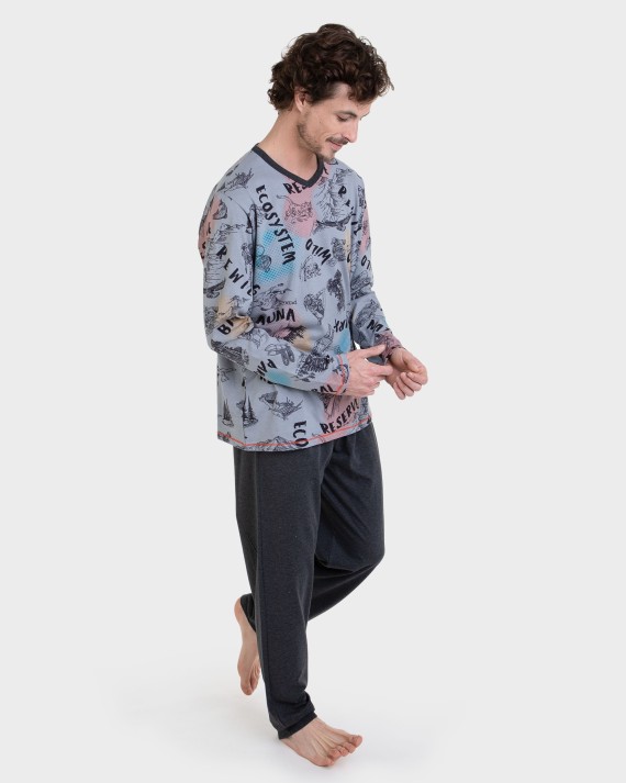 Pijama llarg gris estampat