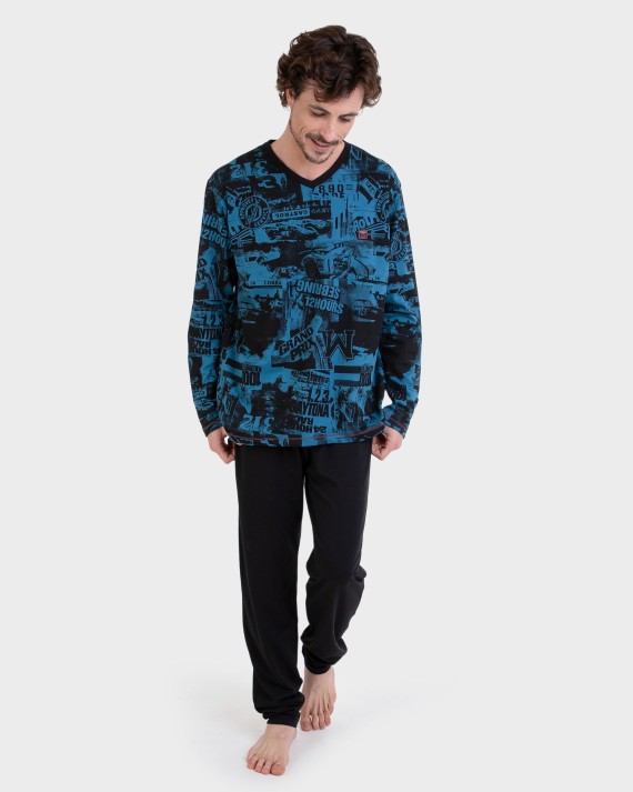 Pijama largo estampado azul