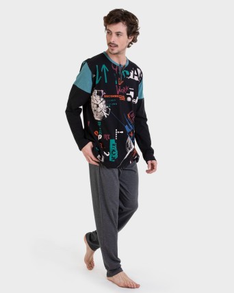 Pijama largo negro estampado