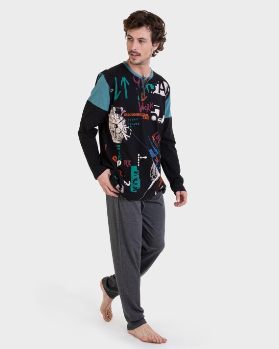 Pijama largo negro estampado