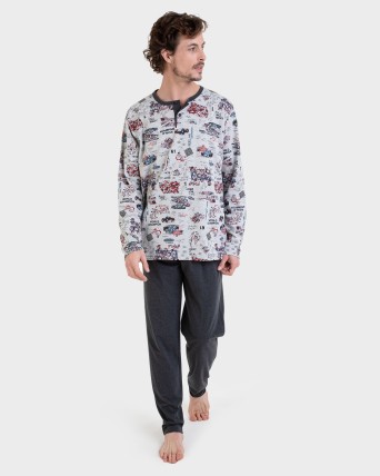 Pijama largo gris estampado...