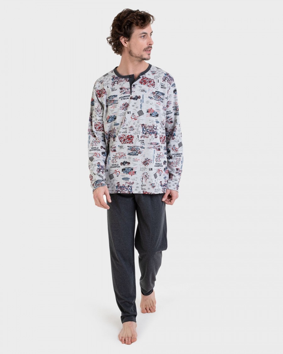 Pijama largo gris estampado all over