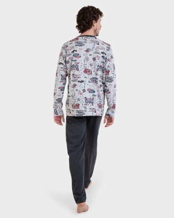 Pijama largo gris estampado all over