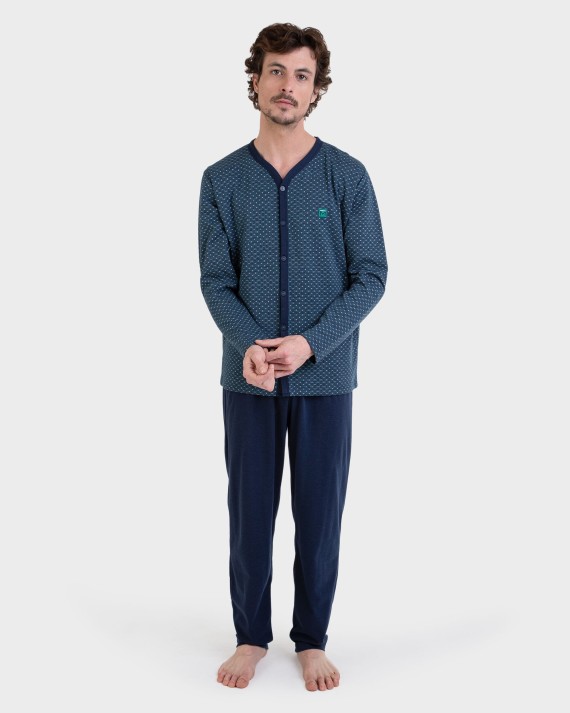 Pijama largo abierto Jacquard puntitos