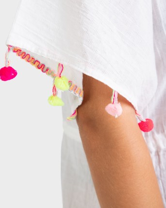 VESTIDO MUJER BLANCA CON BORLAS COLORES