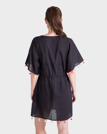 VESTIDO MUJER NEGRA CON BORLAS COLORES