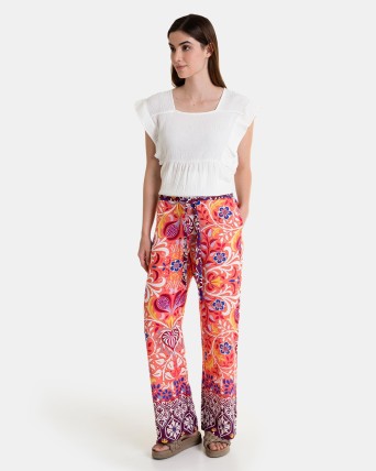 Pantalón ancho de mujer estampado multicolor