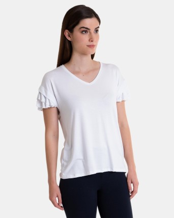 Camiseta de mujer de manga corta con volantes y cuello pico