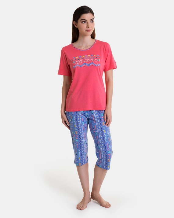 Pijama de dona pirata de màniga curta color coral amb estampat frontal