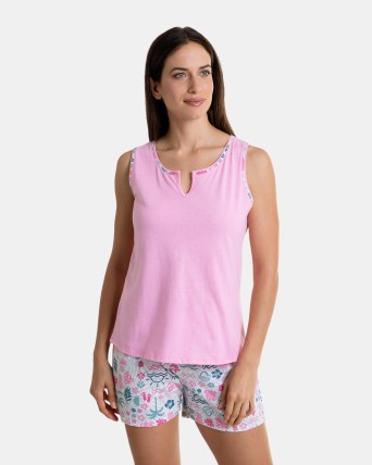 Pijama de mujer de algodón corto sin mangas color rosa