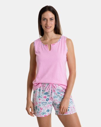 Pijama de mujer de algodón corto sin mangas color rosa