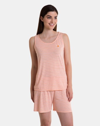 Pijama de mujer corto sin mangas de rayas color naranja
