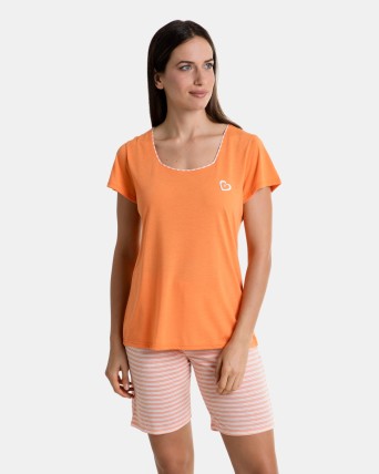 Pijama de mujer corto de manga corta y cuello caja color naranja