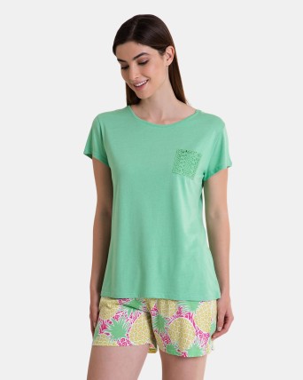 Pijama de mujer corto de manga corta color verde tropical