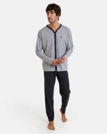 Pijama largo de hombre abierto de punto en color gris