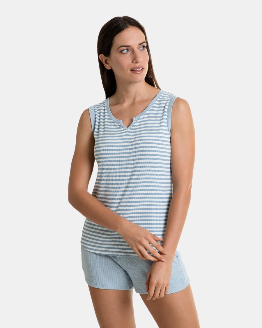 Camiseta de pijama de mujer sin mangas de rayas