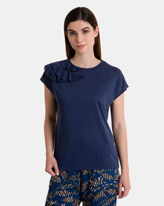 Camiseta de mujer de manga corta con hombro caído en color azul