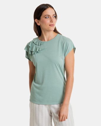 Samarreta de dona de màniga curta amb espatlla caiguda en color verd