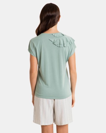 Camiseta de mujer de manga corta con hombro caído en color verde