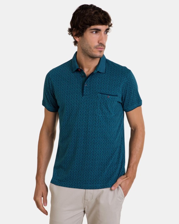 Polo de hombre de manga corta de punto de algodón estampado en color azul