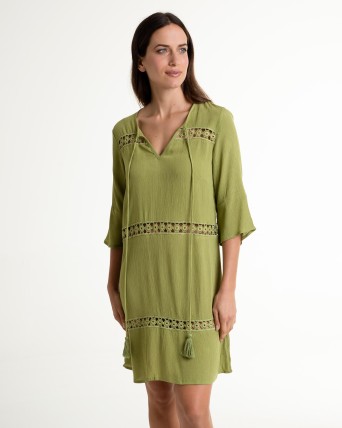 Vestit de platja curt màniga al colze de bambula amb encaixos verd