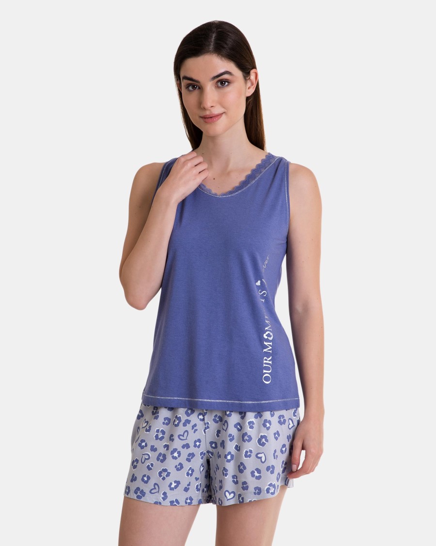 Pijama de mujer corto sin mangas con encaje color azul pantalón de tela