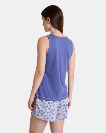 Pijama de mujer corto sin mangas con encaje color azul pantalón de tela