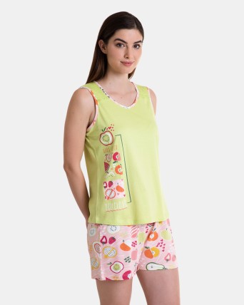 Pijama de mujer corto sin mangas color lima con motivos de frutas