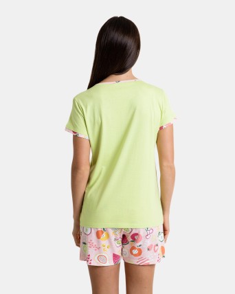 Pijama de dona curt de màniga curta en color llima estampat frontal de fruites